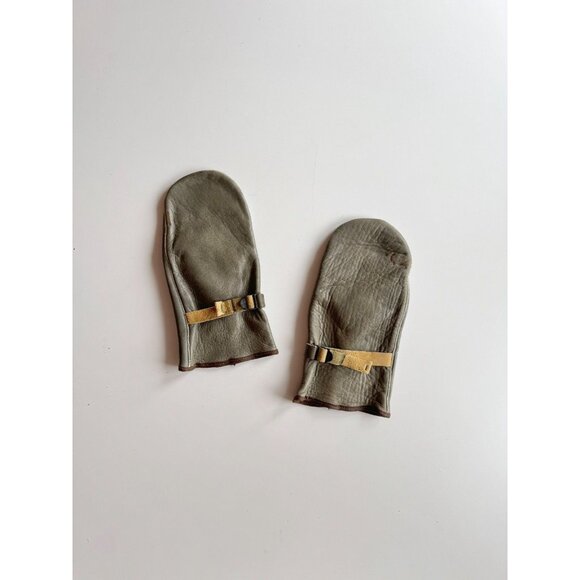 Vintage Unbranded Grey Olive Green Leather Mittens Gloves - Picture 1 of 16